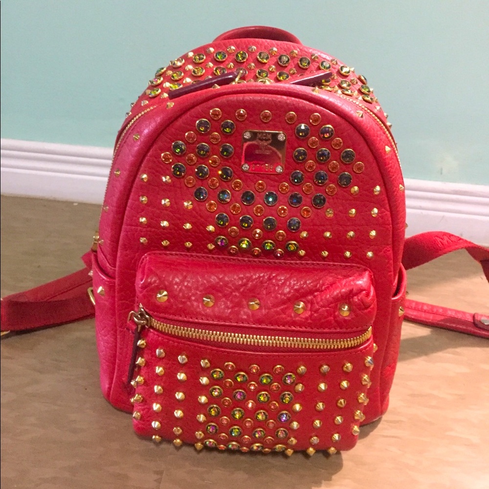 MCM Ruby Red Stark Special Studded Mini Backpack